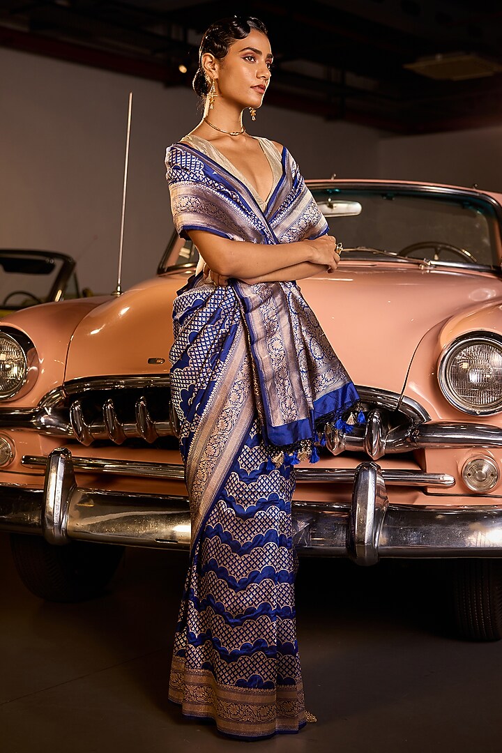 Blue Pure Handwoven Silk Banarasi Wedding Saree Set by Resa by Ushnakmals at Pernia's Pop Up Shop