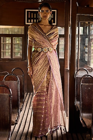Purple Shaded Tissue Zari Work Banarasi Saree Set by Resa by Ushnakmals