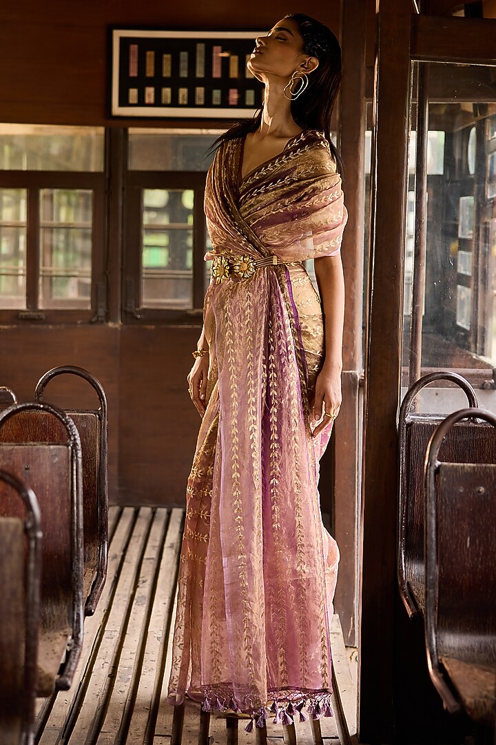Purple Shaded Tissue Zari Work Banarasi Party Wear Saree Set by Resa by Ushnakmals at Pernia's Pop Up Shop