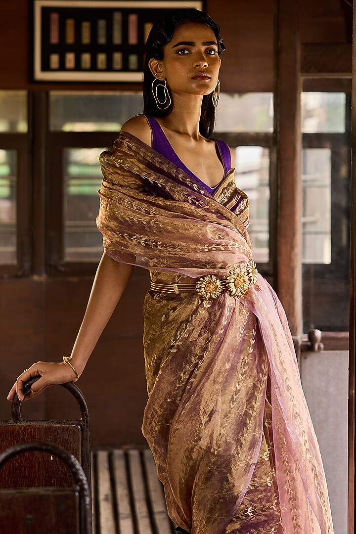 Purple Shaded Tissue Zari Work Banarasi Party Wear Saree Set by Resa by Ushnakmals at Pernia's Pop Up Shop