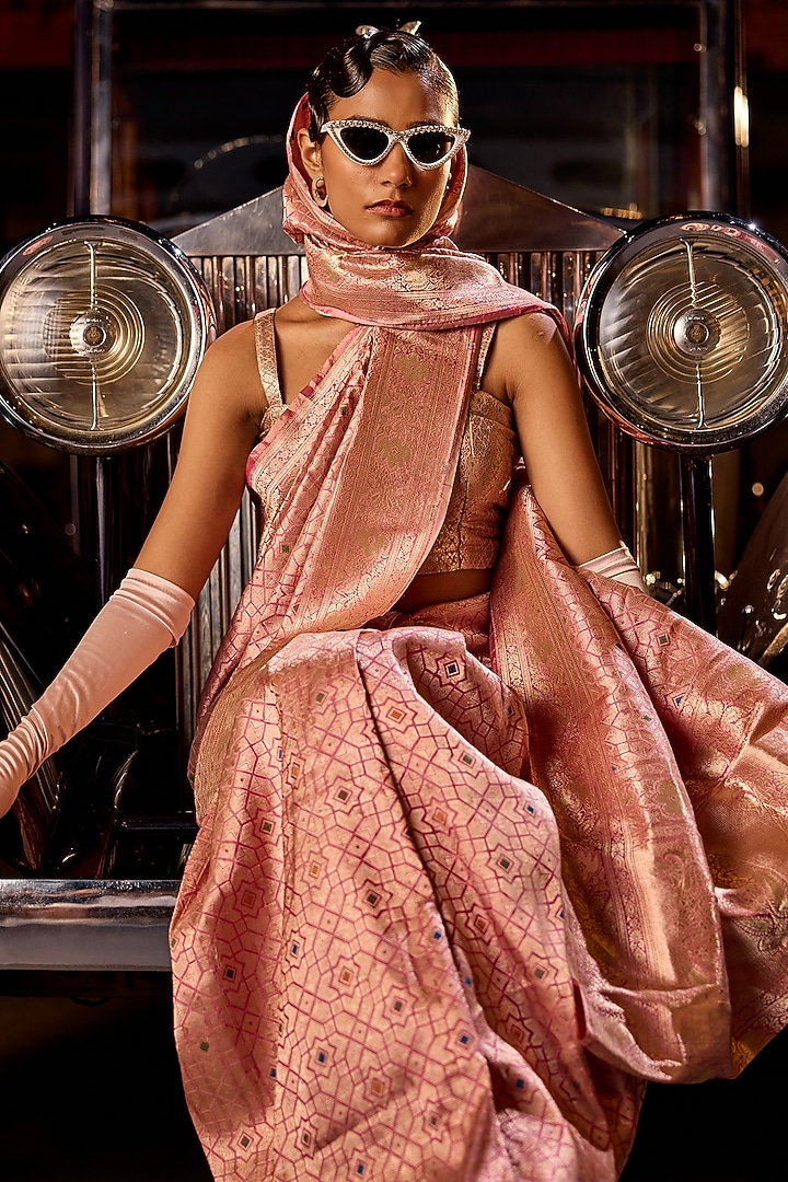 Pink Handwoven Silk Brocade Meenakari Wedding Saree Set by Resa by Ushnakmals at Pernia's Pop Up Shop