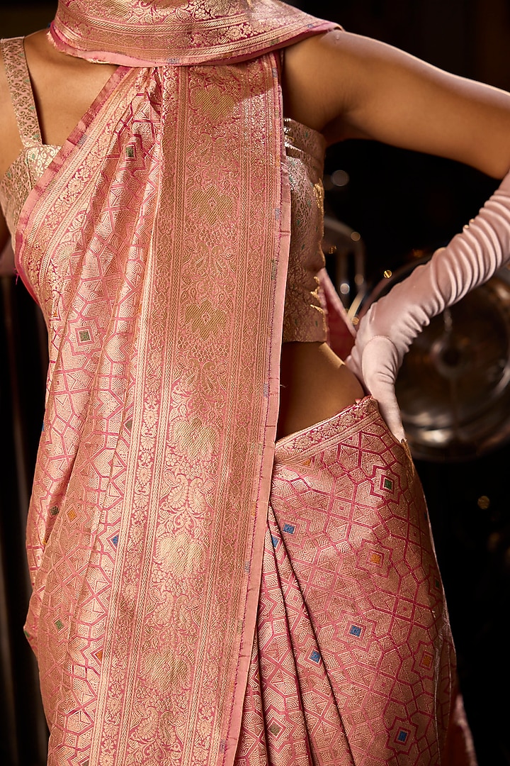 Pink Handwoven Silk Brocade Meenakari Wedding Saree Set by Resa by Ushnakmals at Pernia's Pop Up Shop