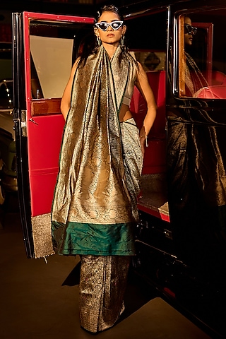 Bottle Green Handwoven Silk Brocade Meenakari Banarasi Saree Set by Resa by Ushnakmals