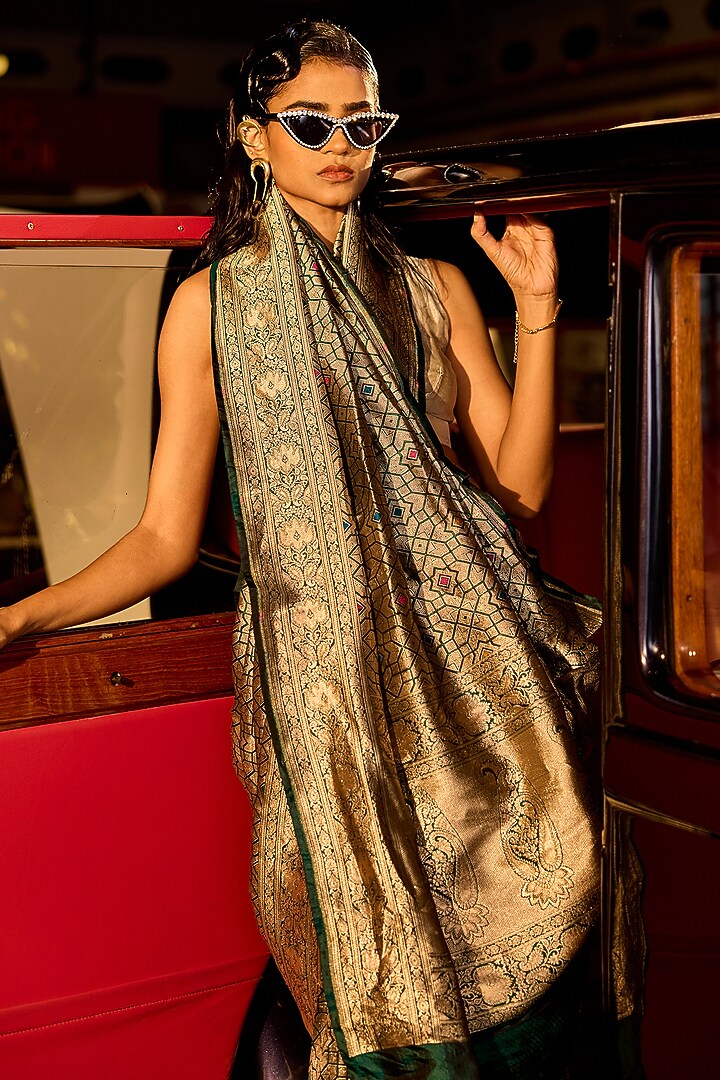 Bottle Green Handwoven Silk Brocade Meenakari Banarasi Wedding Saree Set by Resa by Ushnakmals at Pernia's Pop Up Shop