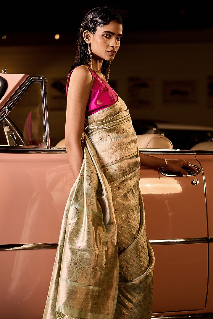 Powder Blue Handwoven Silk Brocade Banarasi Wedding Saree Set by Resa by Ushnakmals at Pernia's Pop Up Shop