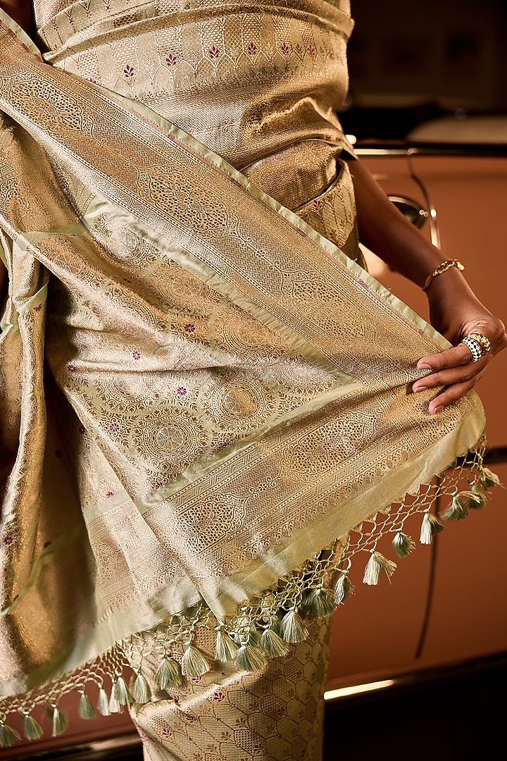 Powder Blue Handwoven Silk Brocade Banarasi Wedding Saree Set by Resa by Ushnakmals at Pernia's Pop Up Shop