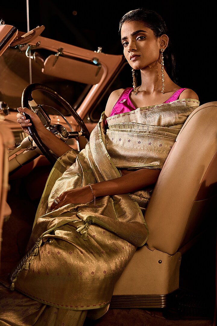 Powder Blue Handwoven Silk Brocade Banarasi Wedding Saree Set by Resa by Ushnakmals at Pernia's Pop Up Shop