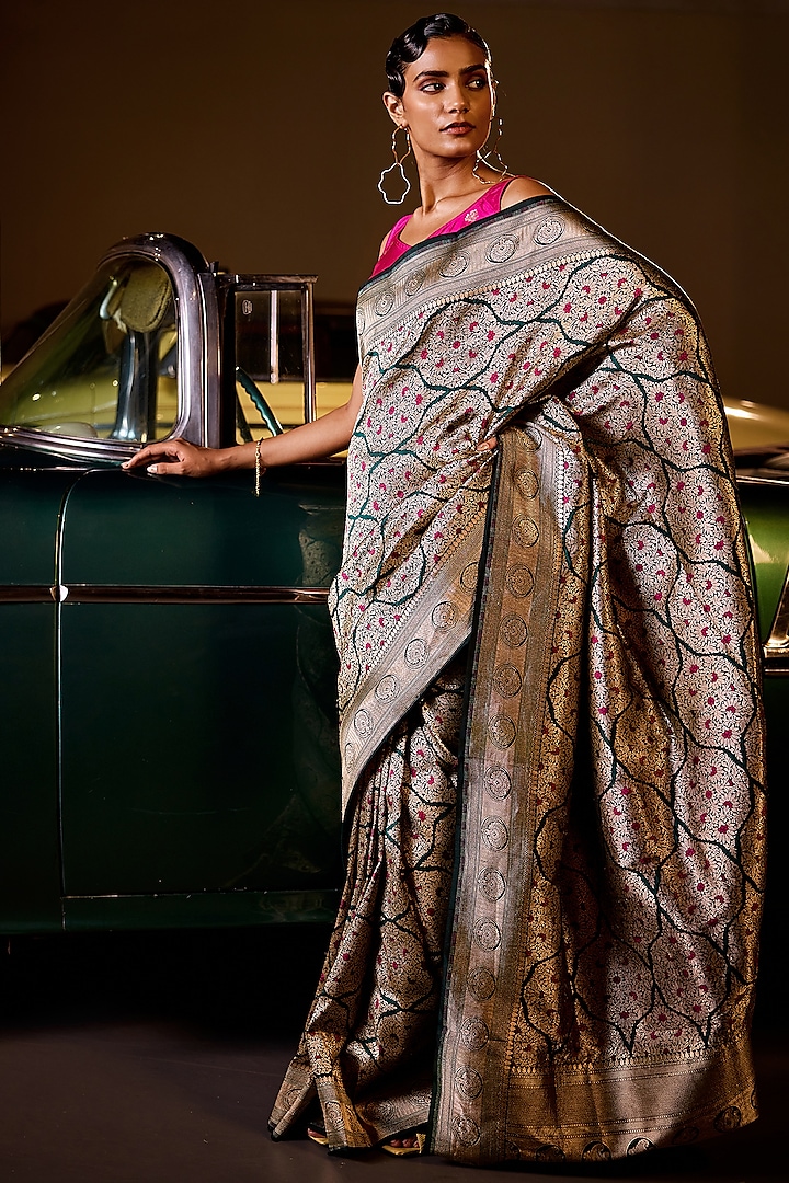 Bottle Green Handwoven Brocade Silk Banarasi Saree Set by Resa by Ushnakmals at Pernia's Pop Up Shop
