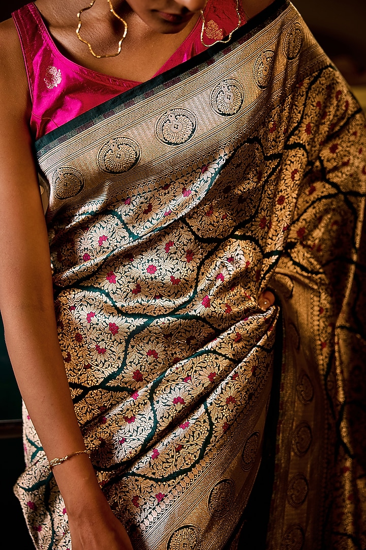 Bottle Green Handwoven Brocade Silk Banarasi Wedding Saree Set by Resa by Ushnakmals at Pernia's Pop Up Shop