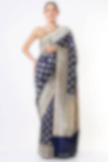 Navy Blue Silk Shibori & Tie-Dye Ombre Handwoven Metallic Saree Set by Resa by Ushnakmals at Pernia's Pop Up Shop