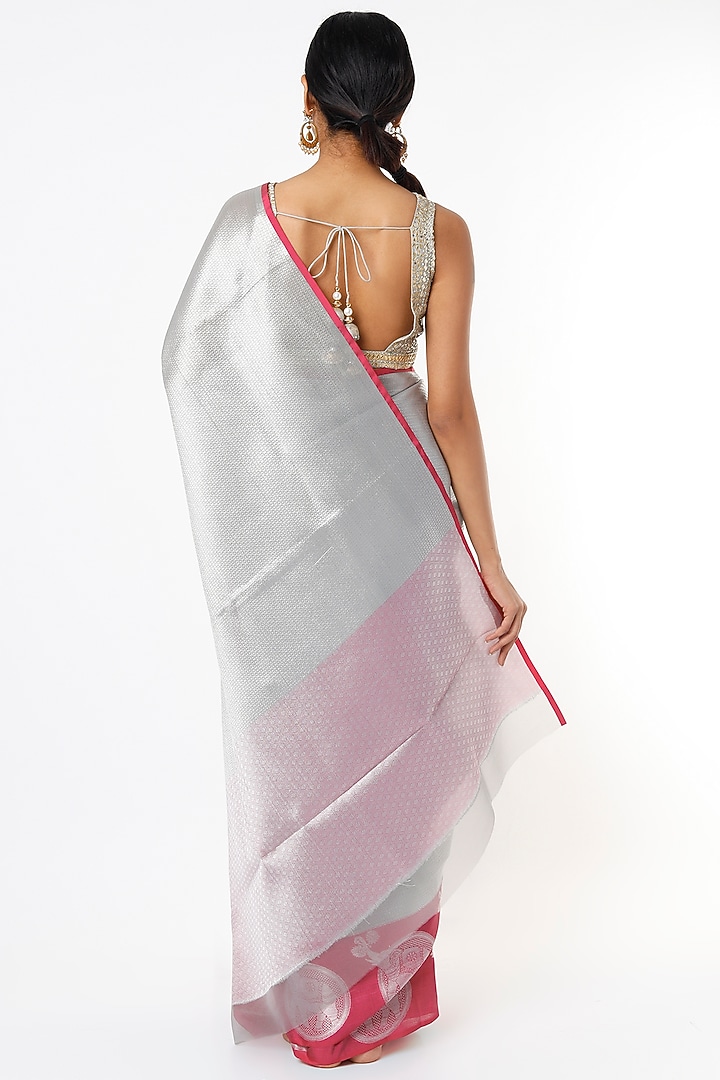 Silver Handwoven Metallic Wedding Saree Set by Resa by Ushnakmals at Pernia's Pop Up Shop