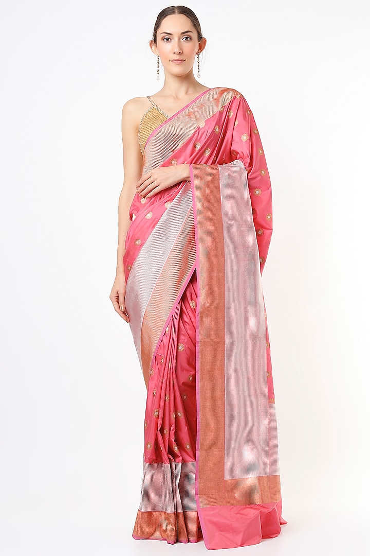 Neon Fuchsia Handwoven Katan Silk Saree Set by Resa by Ushnakmals