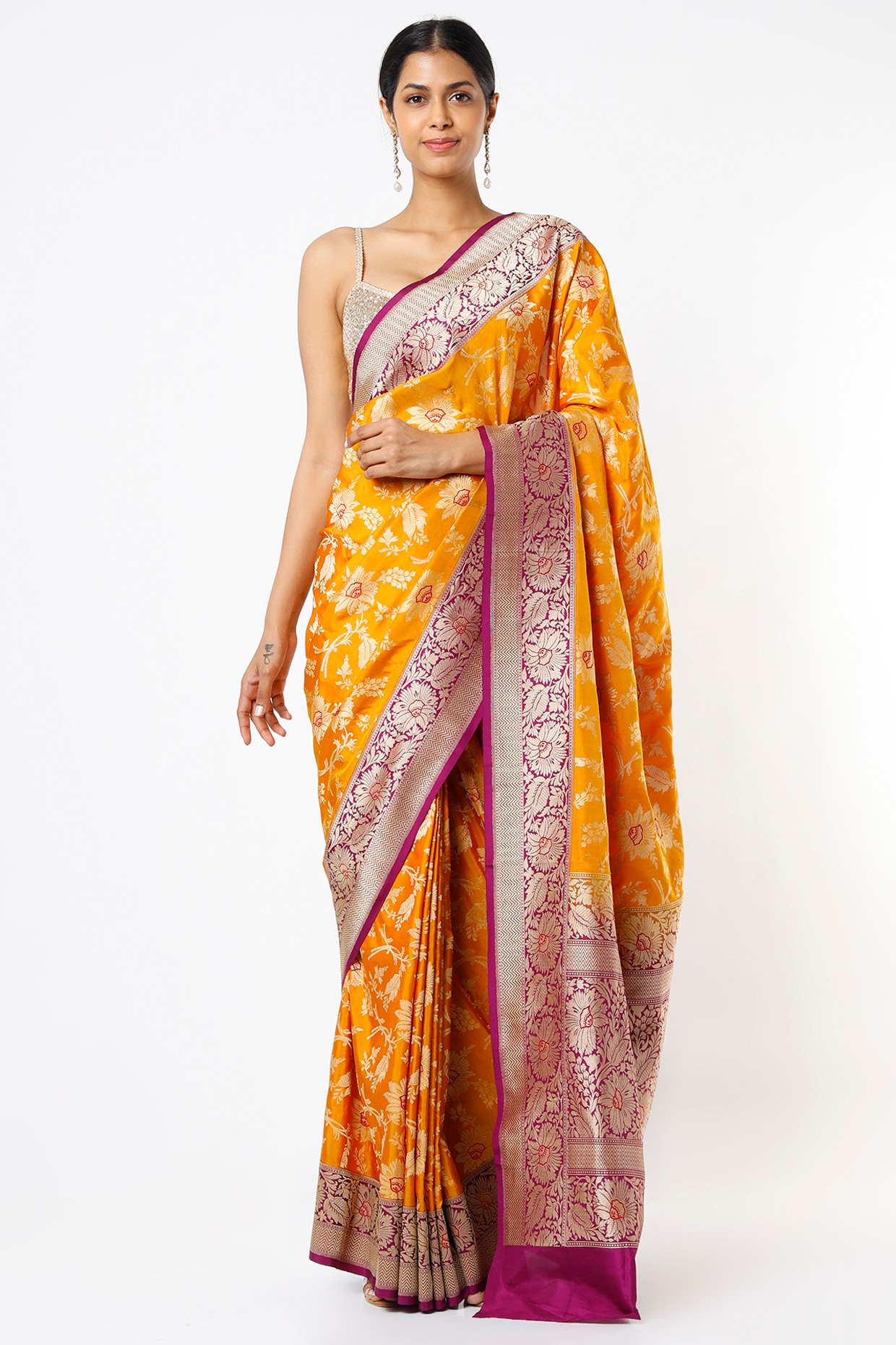 TRB BANDHEJ GEORGETTE YELLOW SAREE AND MAGENTA BLOUSE – The Revive Boutique