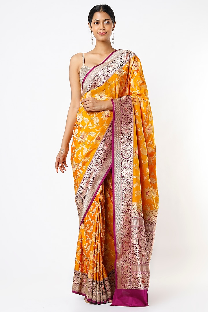 Mustard Handwoven Katan Silk Saree Set by Resa by Ushnakmals