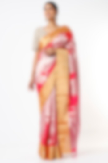 Blush Pink & Red Handwoven Silk Tanchoi Work Saree Set by Resa by Ushnakmals