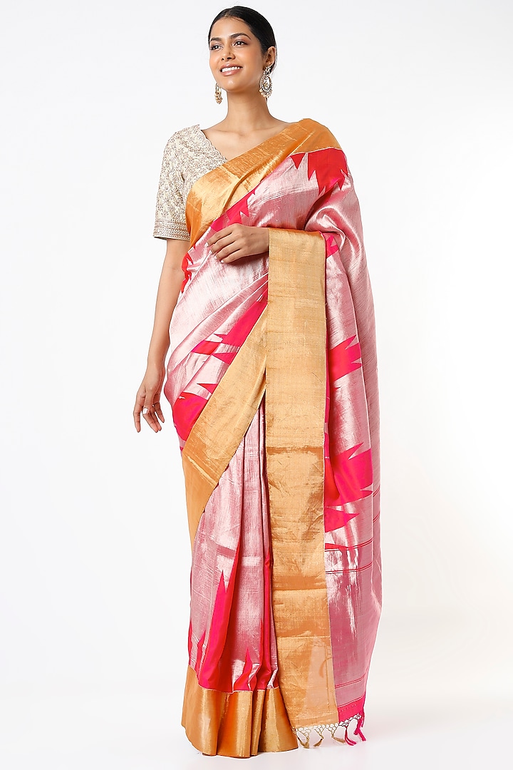 Blush Pink & Red Handwoven Silk Tanchoi Work Saree Set by Resa by Ushnakmals