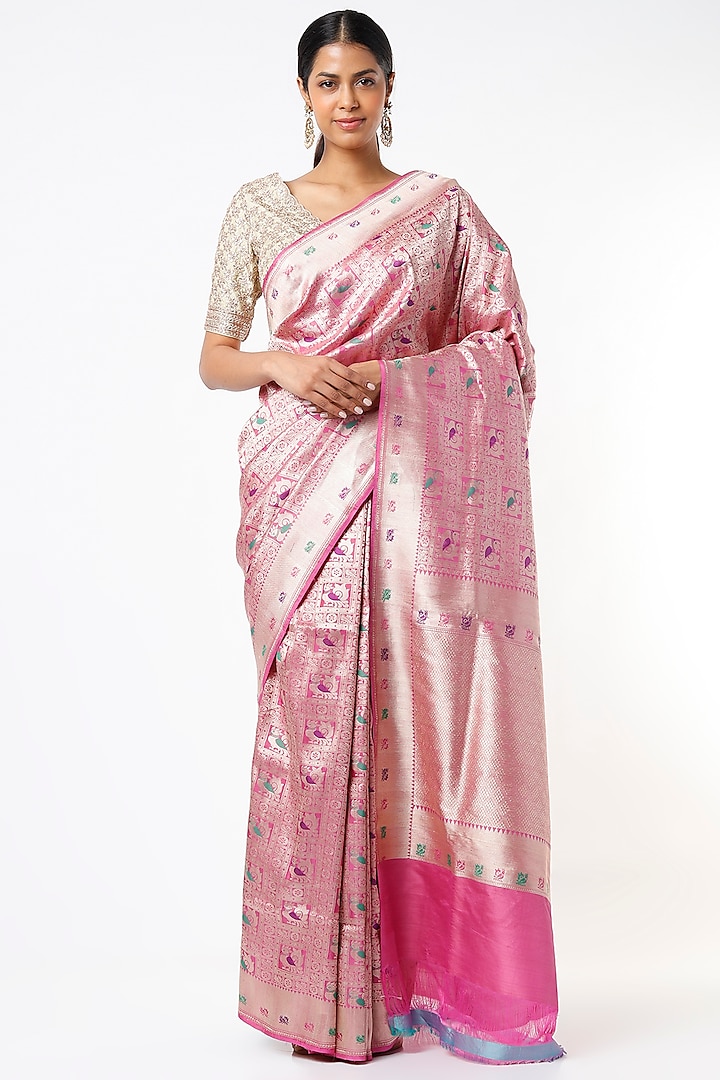 Blush Pink Handwoven Brocade Silk Saree Set by Resa by Ushnakmals