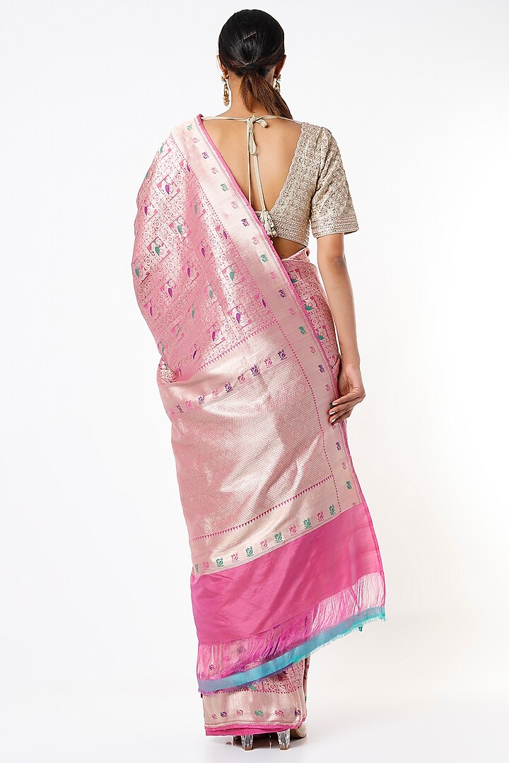 Blush Pink Handwoven Brocade Silk Reception Saree Set by Resa by Ushnakmals at Pernia's Pop Up Shop