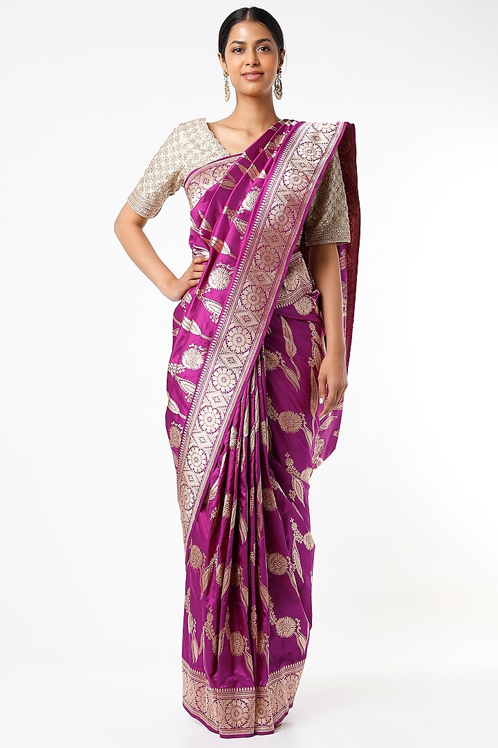 Purple Handwoven Katan Silk Jaal Work Saree Set by Resa by Ushnakmals