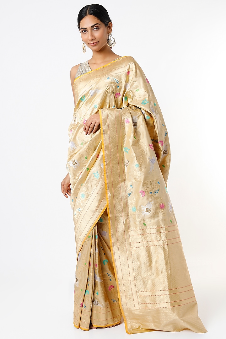 Beige Pure Handwoven Katan Silk Saree Set by Resa by Ushnakmals