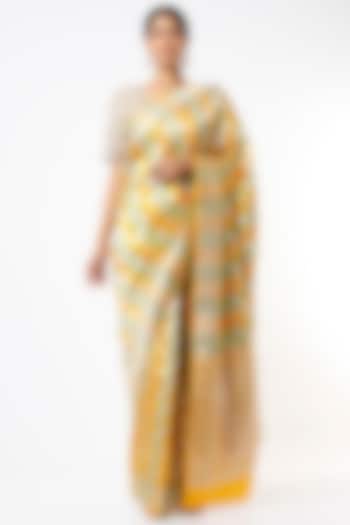 Yellow & Mint Handwoven Katan Silk Embellished Saree Set by Resa by Ushnakmals