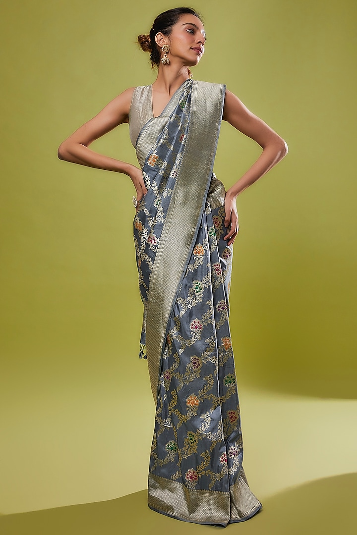 Ash Blue Pure Handwoven Katan Silk Banarasi Saree Set by Resa by Ushnakmals