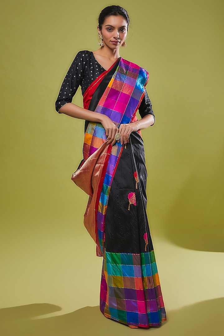 Black Pure Handwoven Katan Silk Banarasi Saree Set by Resa by Ushnakmals