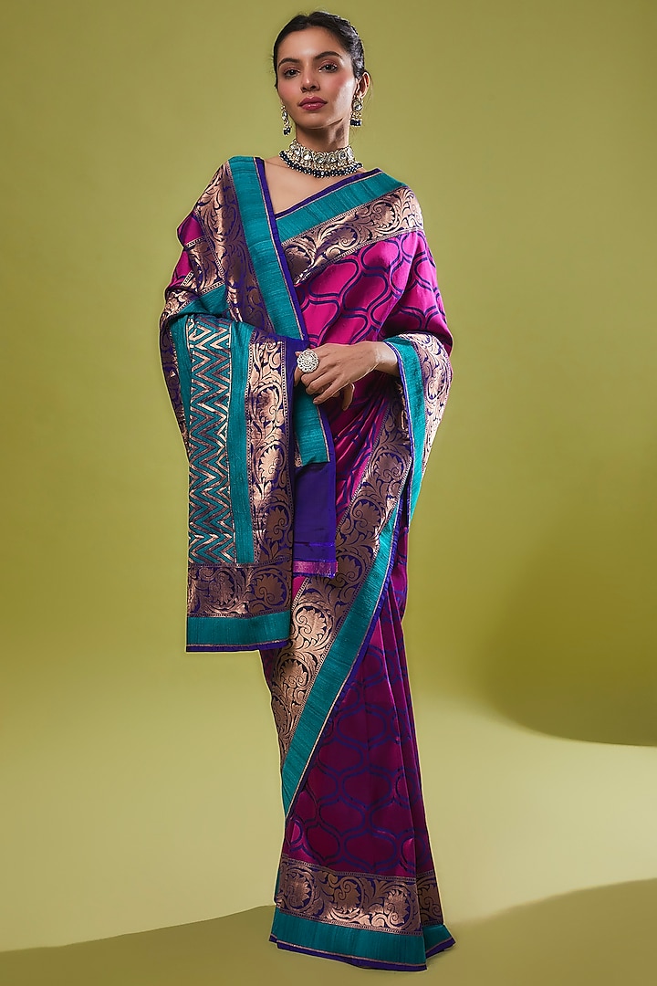 Purple & Blue Pure Handwoven Soft Silk Banarasi Saree Set by Resa by Ushnakmals