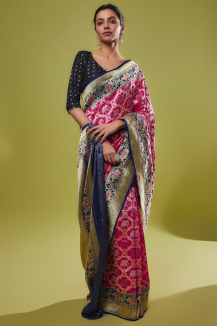 Pink Pure Handwoven Katan Silk Banarasi Saree Set by Resa by Ushnakmals