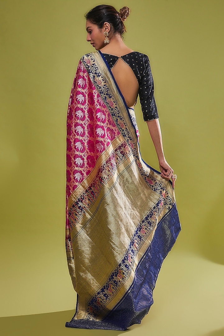 Pink Pure Handwoven Katan Silk Banarasi Reception Saree Set by Resa by Ushnakmals at Pernia's Pop Up Shop