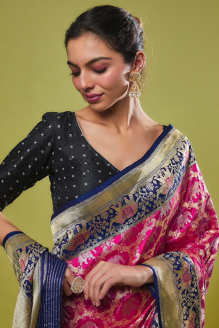Pink Pure Handwoven Katan Silk Banarasi Reception Saree Set by Resa by Ushnakmals at Pernia's Pop Up Shop