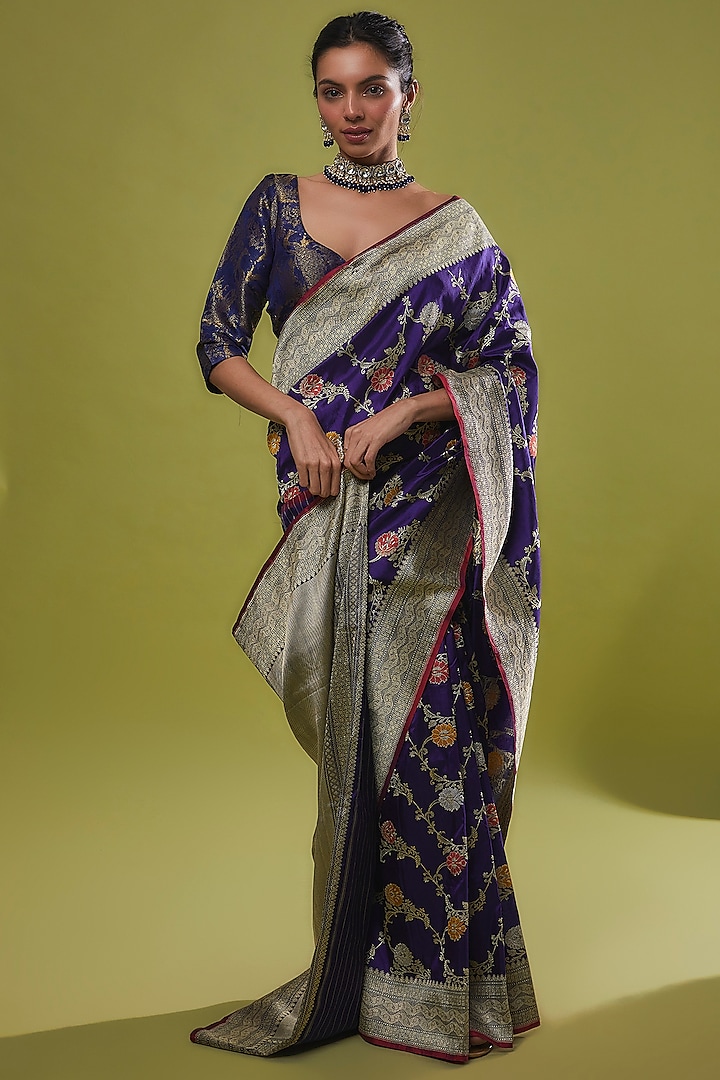 Midnight Blue Pure Handwoven Katan Silk Banarasi Saree Set by Resa by Ushnakmals
