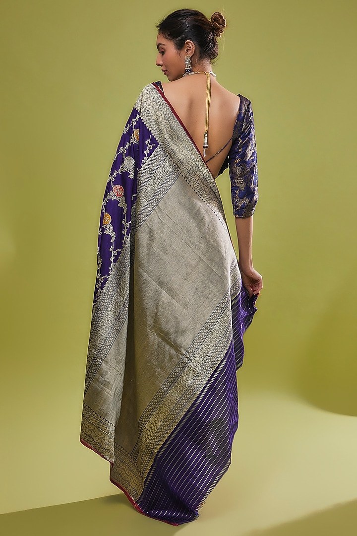 Midnight Blue Pure Handwoven Katan Silk Banarasi Reception Saree Set by Resa by Ushnakmals at Pernia's Pop Up Shop