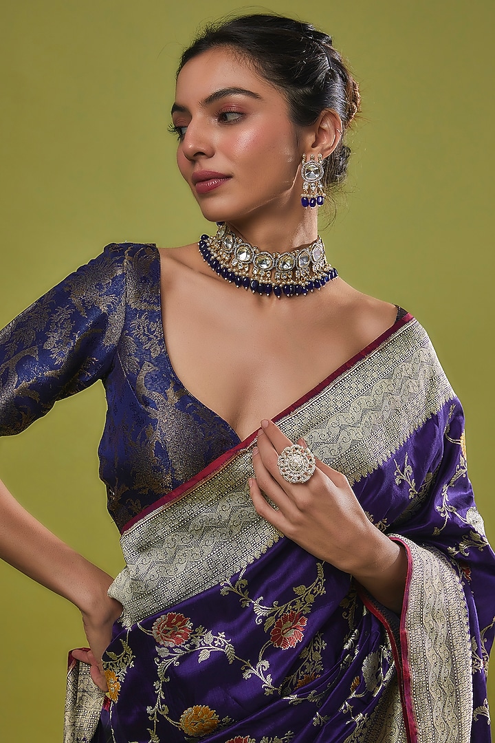 Midnight Blue Pure Handwoven Katan Silk Banarasi Reception Saree Set by Resa by Ushnakmals at Pernia's Pop Up Shop