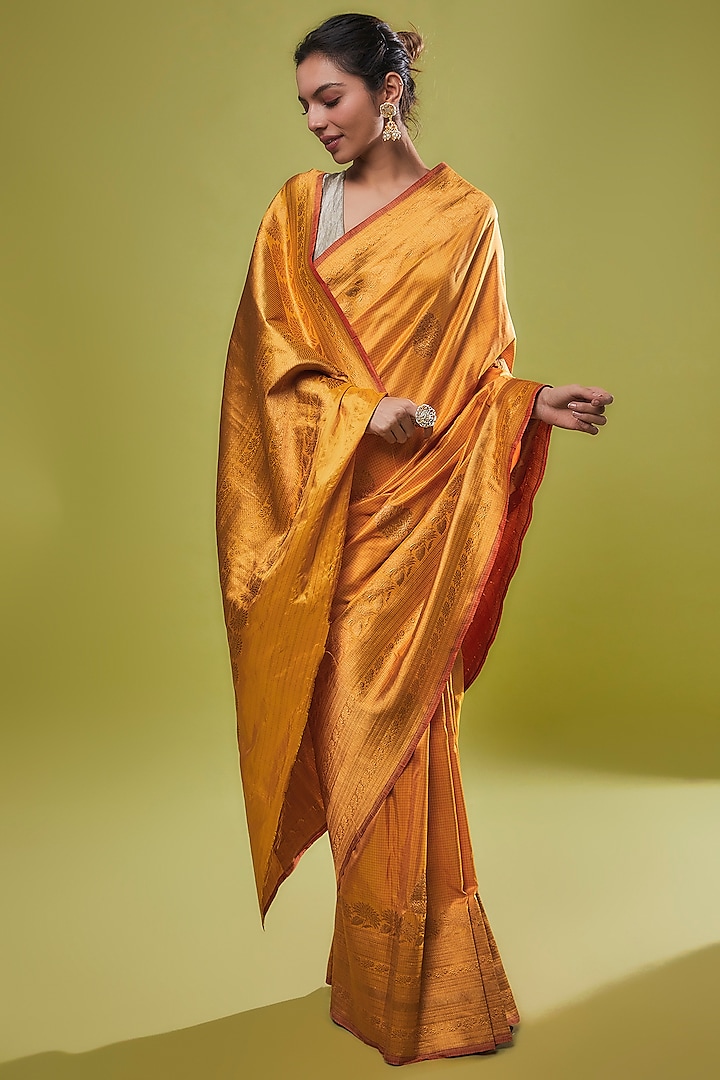 Sun Yellow Pure Handwoven Mashru Silk Kanjeevaram Banarasi Saree Set by Resa by Ushnakmals