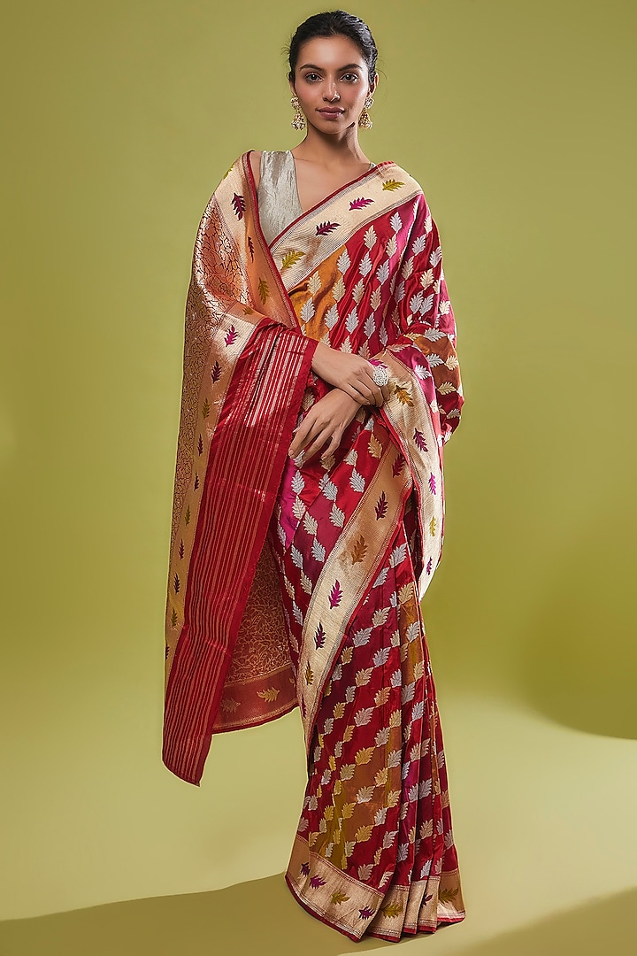 Multi-Colored Pure Handwoven Katan Silk Banarasi Saree Set by Resa by Ushnakmals