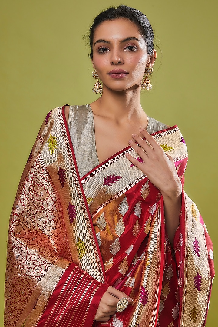 Multi-Colored Pure Handwoven Katan Silk Banarasi Reception Saree Set by Resa by Ushnakmals at Pernia's Pop Up Shop