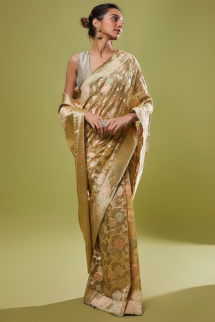 Pista Green Pure Handwoven Tissue Silk Meenakari Saree Set by Resa by Ushnakmals