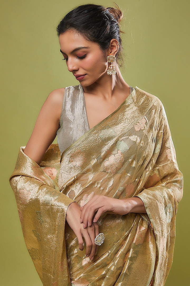 Pista Green Pure Handwoven Tissue Silk Meenakari Wedding Saree Set by Resa by Ushnakmals at Pernia's Pop Up Shop