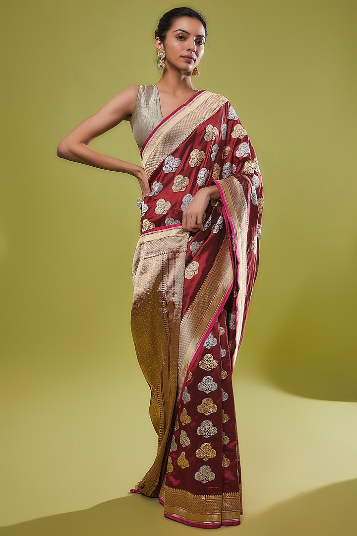 Maroon Pure Handwoven Katan Silk Banarasi Saree Set by Resa by Ushnakmals