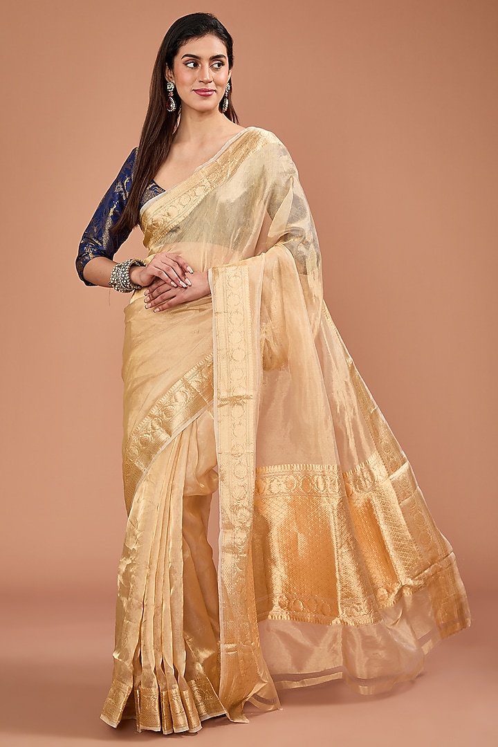 Golden Silk Tissue Zari Handwoven Banarasi Saree Set by Resa by Ushnakmals