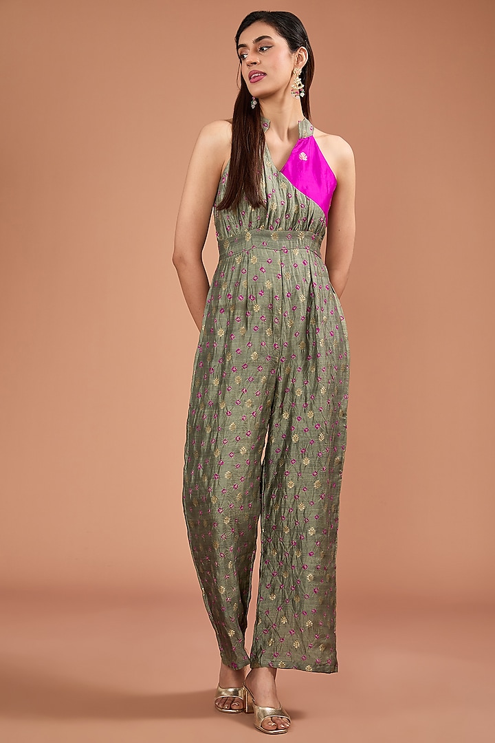 Grey & Pink Bandhani Silk Zari Handwoven Jumpsuit by Resa by Ushnakmals