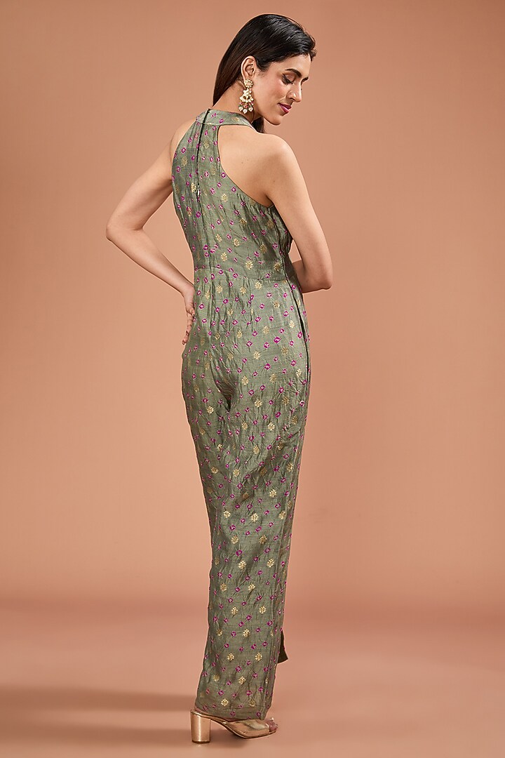 Grey & Pink Bandhani Silk Zari Handwoven Jumpsuit by Resa by Ushnakmals at Pernia's Pop Up Shop