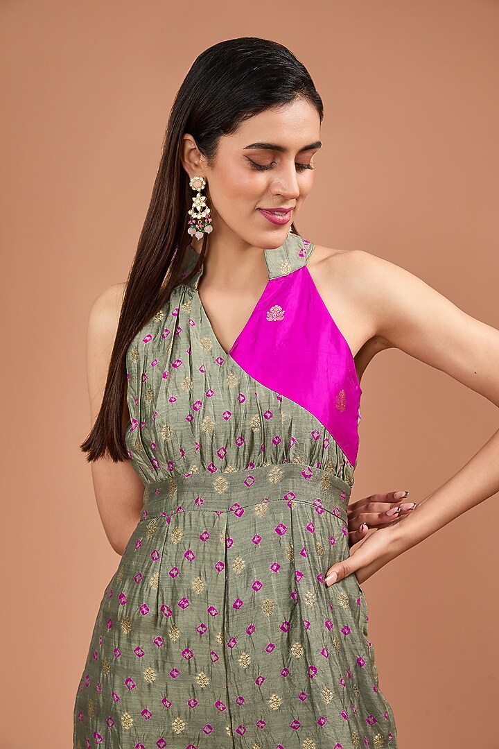 Grey & Pink Bandhani Silk Zari Handwoven Jumpsuit by Resa by Ushnakmals at Pernia's Pop Up Shop