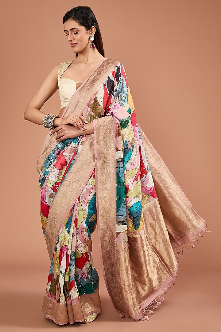 Multi-Colored Banarasi Printed Handwoven Saree Set by Resa by Ushnakmals