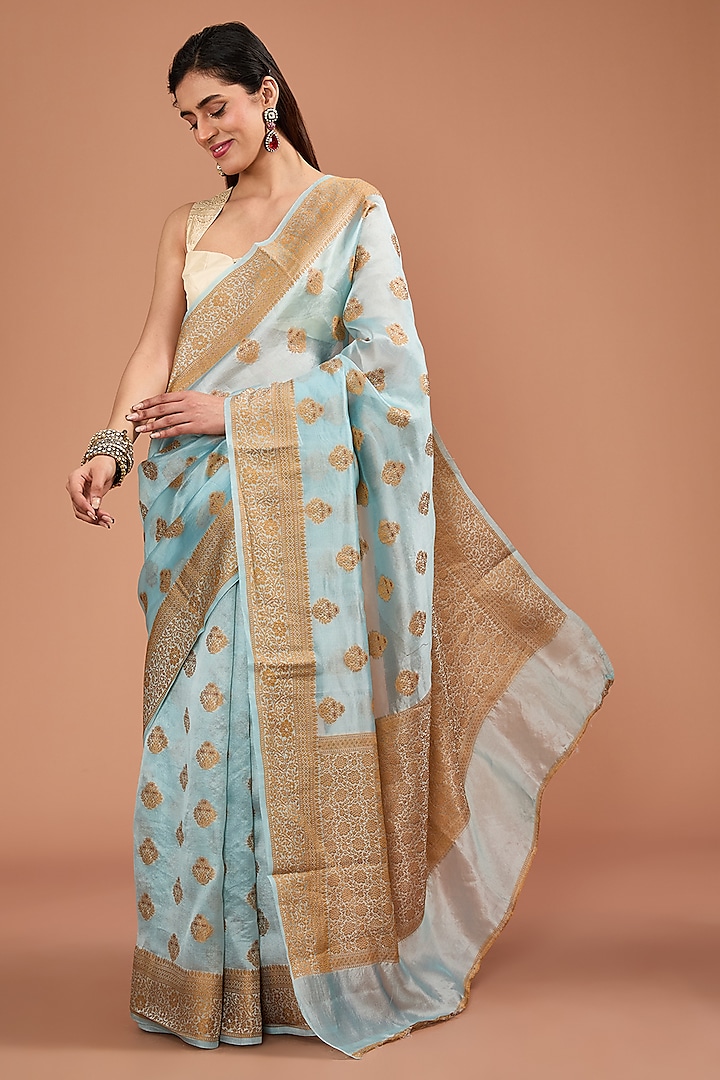 Powder Blue Moonga Silk Zari Motif Handwoven Banarasi Saree Set by Resa by Ushnakmals