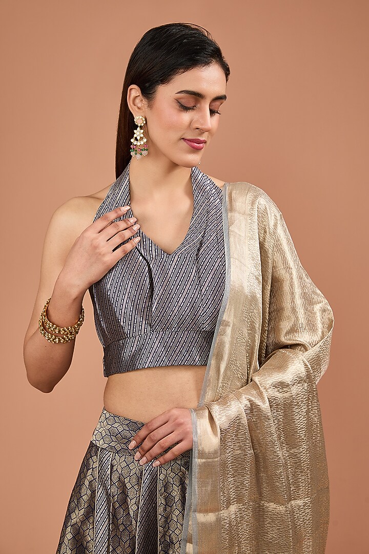 Midnight Blue Brocade Silk Handwoven Wedding Lehenga Set by Resa by Ushnakmals at Pernia's Pop Up Shop