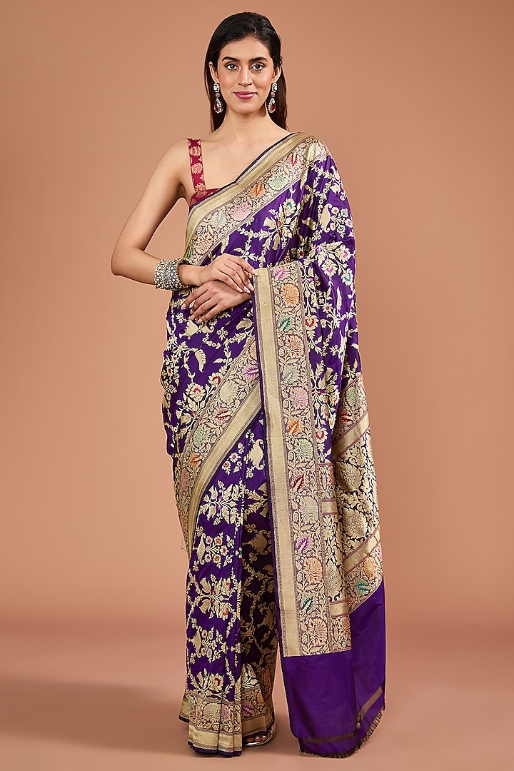 Purple Bridal Silk Meenakari Handwoven Banarasi Saree Set by Resa by Ushnakmals