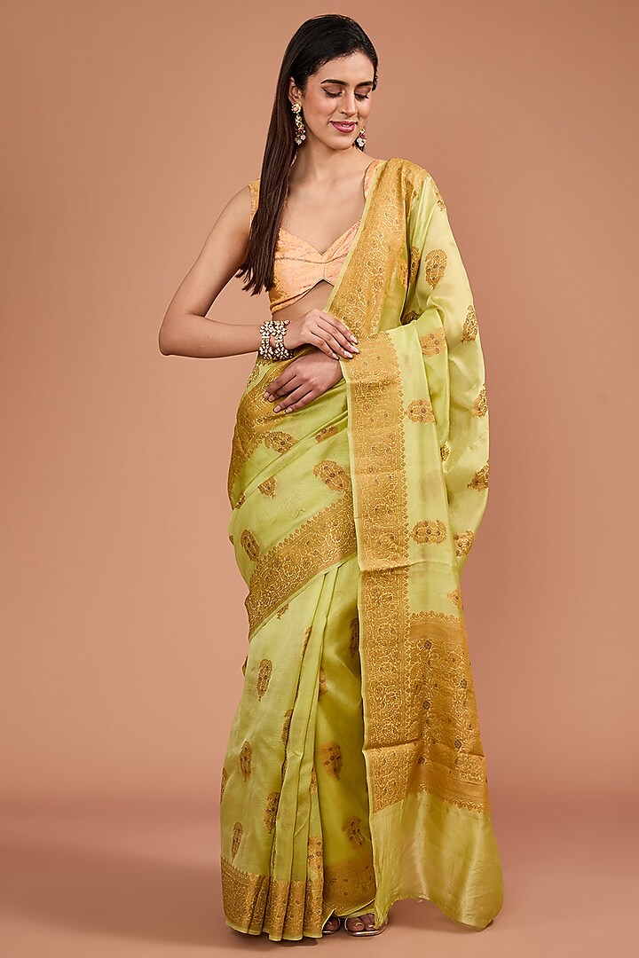 Sage Green Moonga Silk Zari Paisley Motif Handwoven Banarasi Saree Set by Resa by Ushnakmals