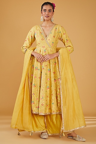 Yellow Woven Brocade Floral Printed Anarkali Set by Aharin India